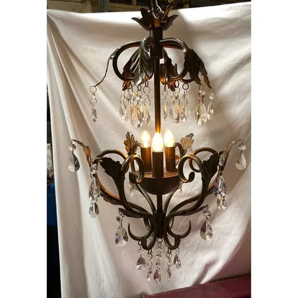 Chandelier 3 Light Antique Rubbed Brass Leaf Scroll 31 2-Tier Prism Crystals - Picture 7 of 16